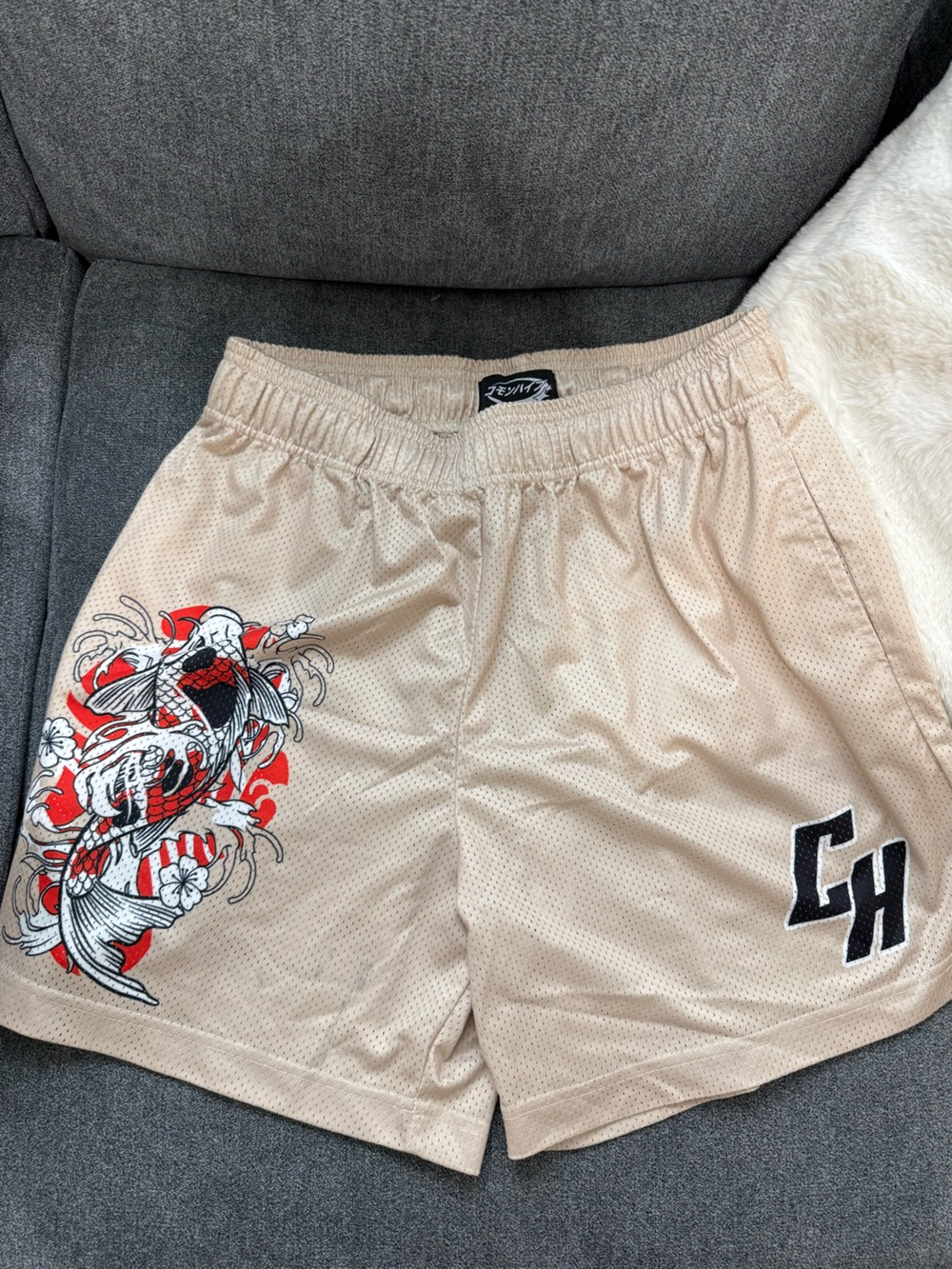 Beige Mesh Men’s Shorts with Koi Graphic